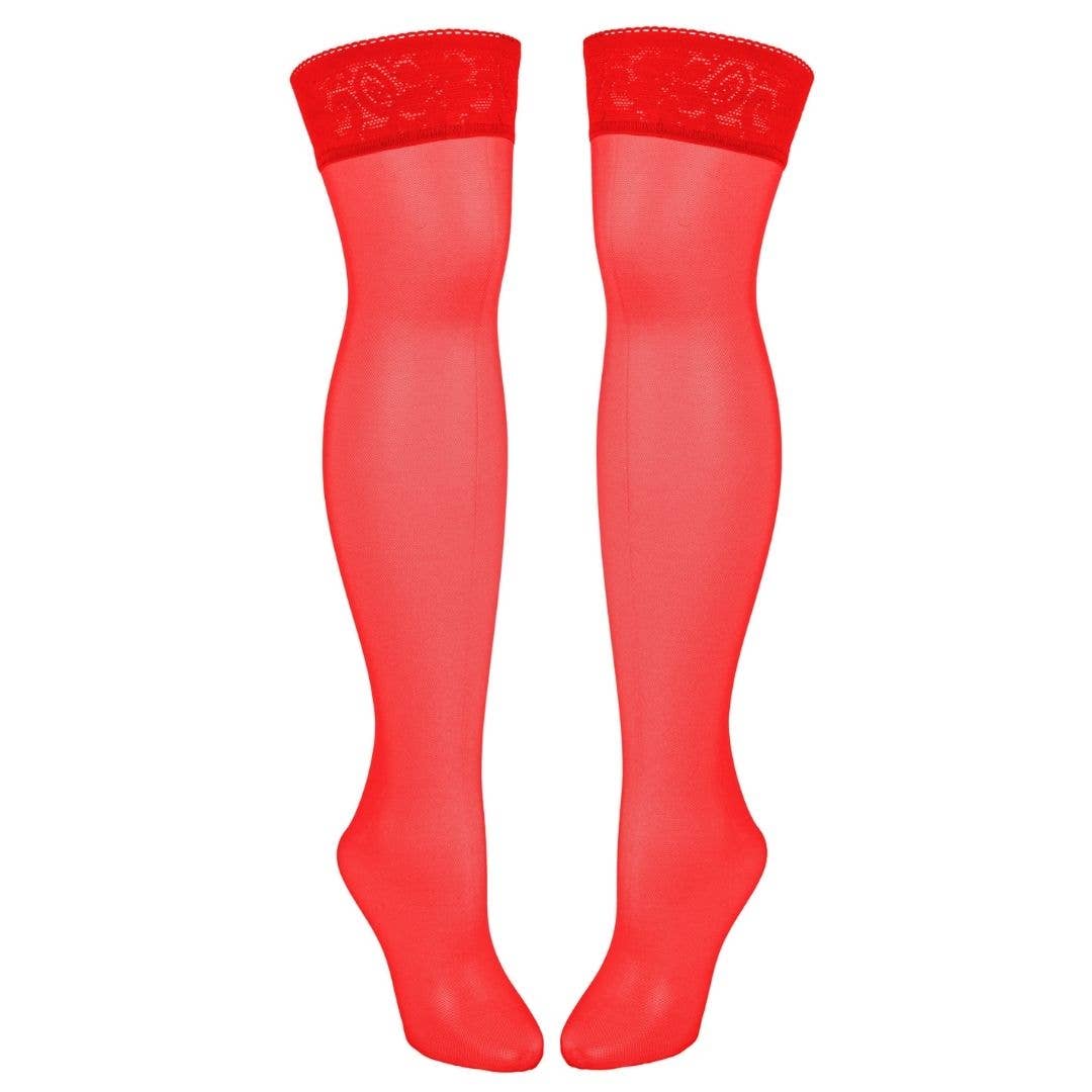 Red mesh thigh-high stockings with lace details on the top