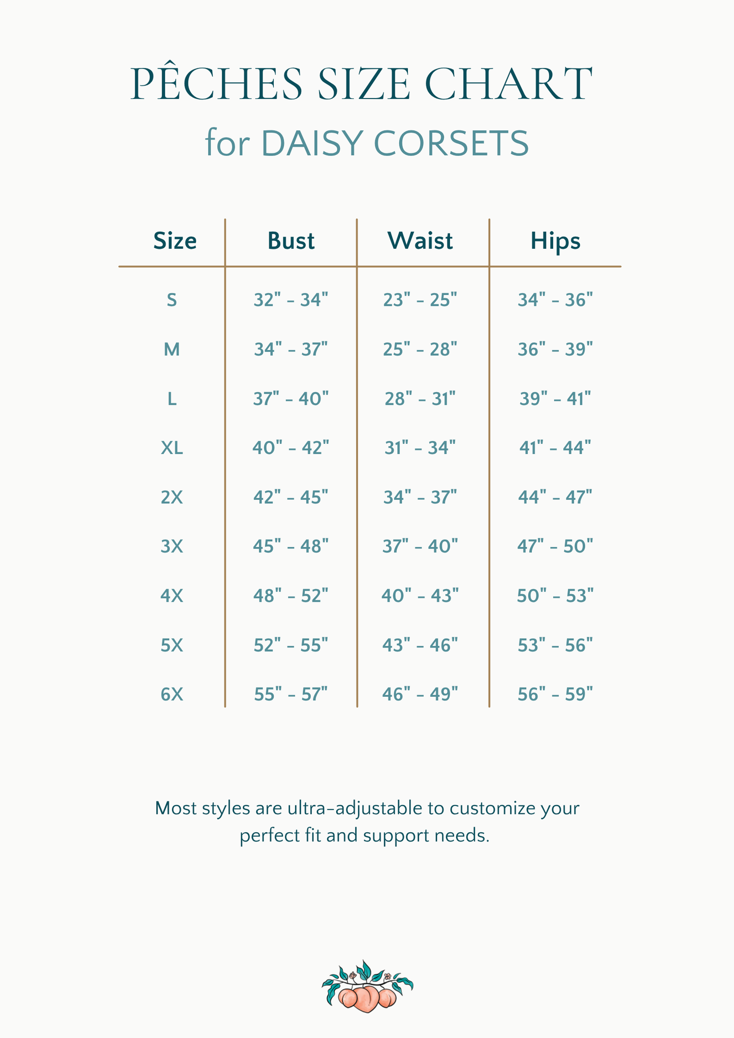 Size chart for corsets from Daisy Corsets