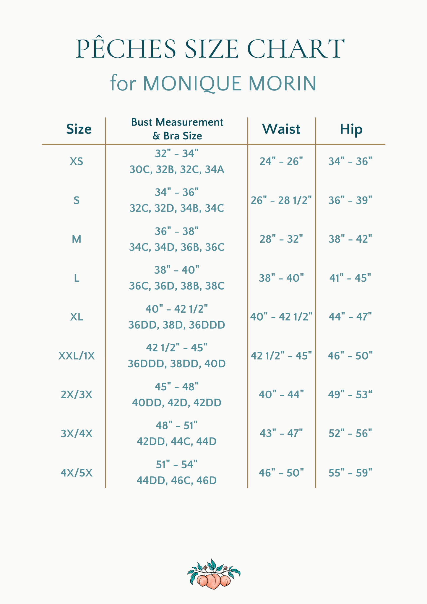 Size chart for Monique Morin lingerie