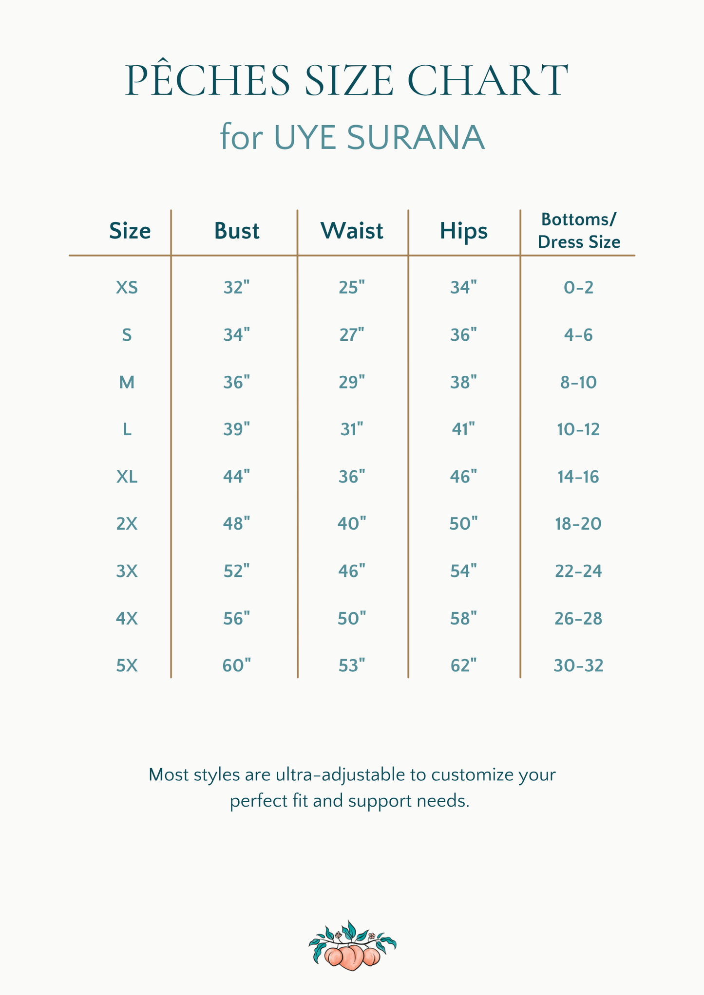 Size chart for lingerie from Uye Surana