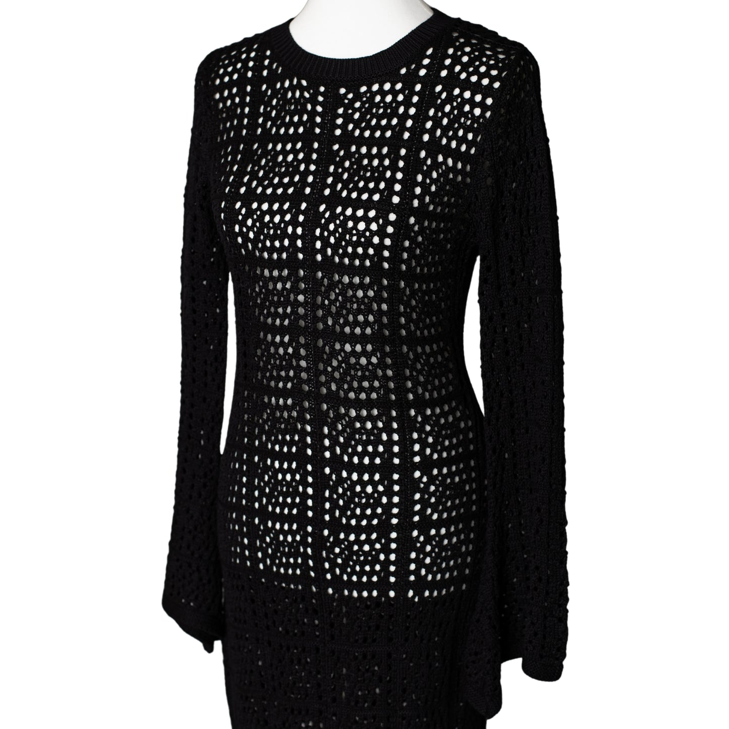 Black crochet dress with flared sleeves