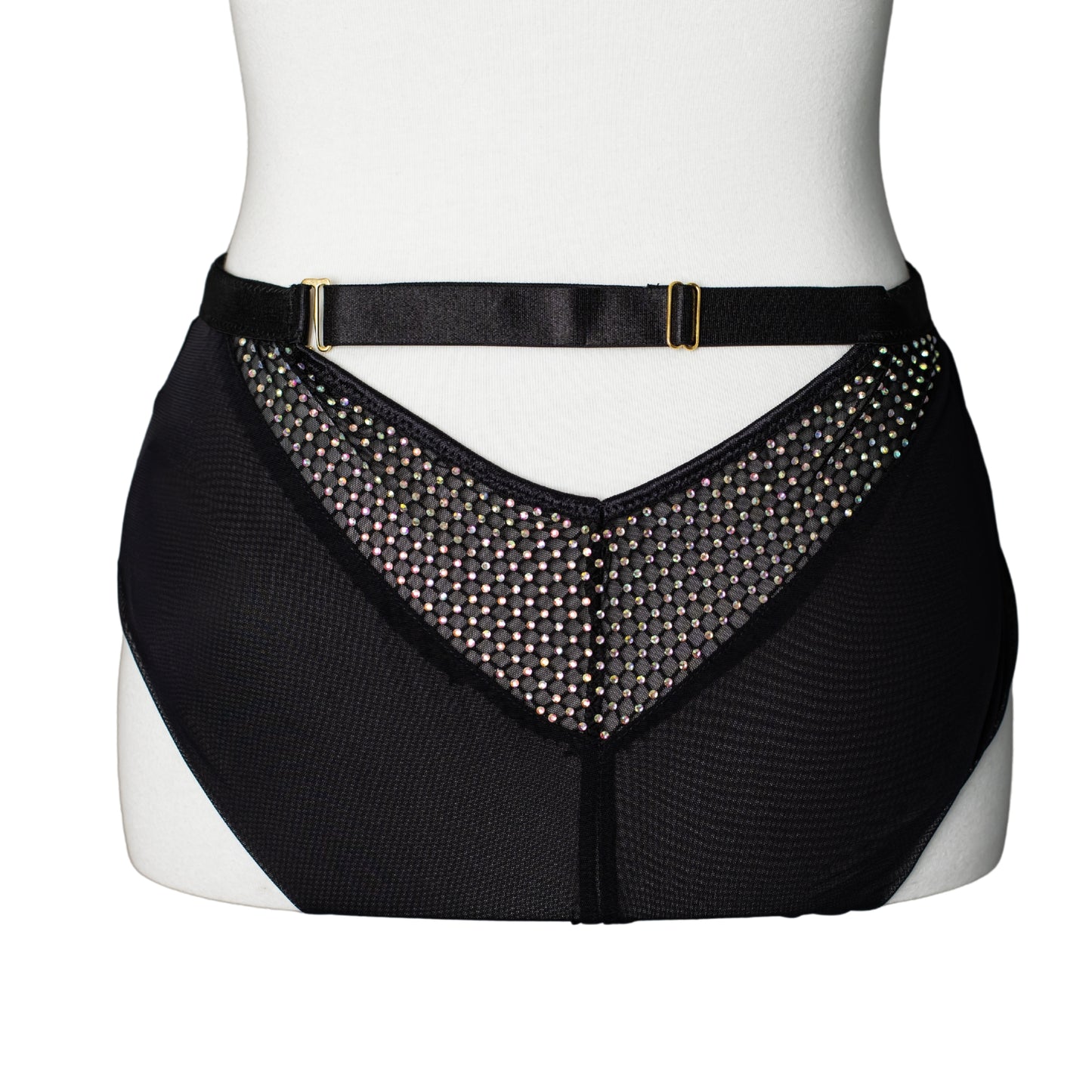 Back view of a black mesh brief panty with rhinestones