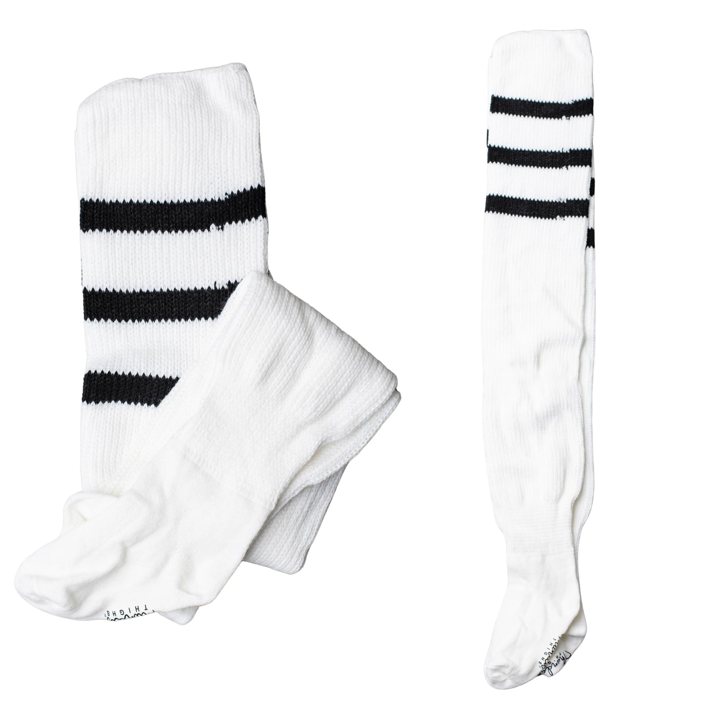 White thigh-high socks with 3 black horizontal stripes