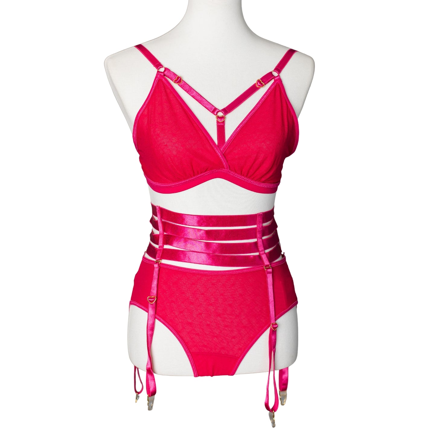 Hot pink lingerie set with a bra, brief, and garter belt