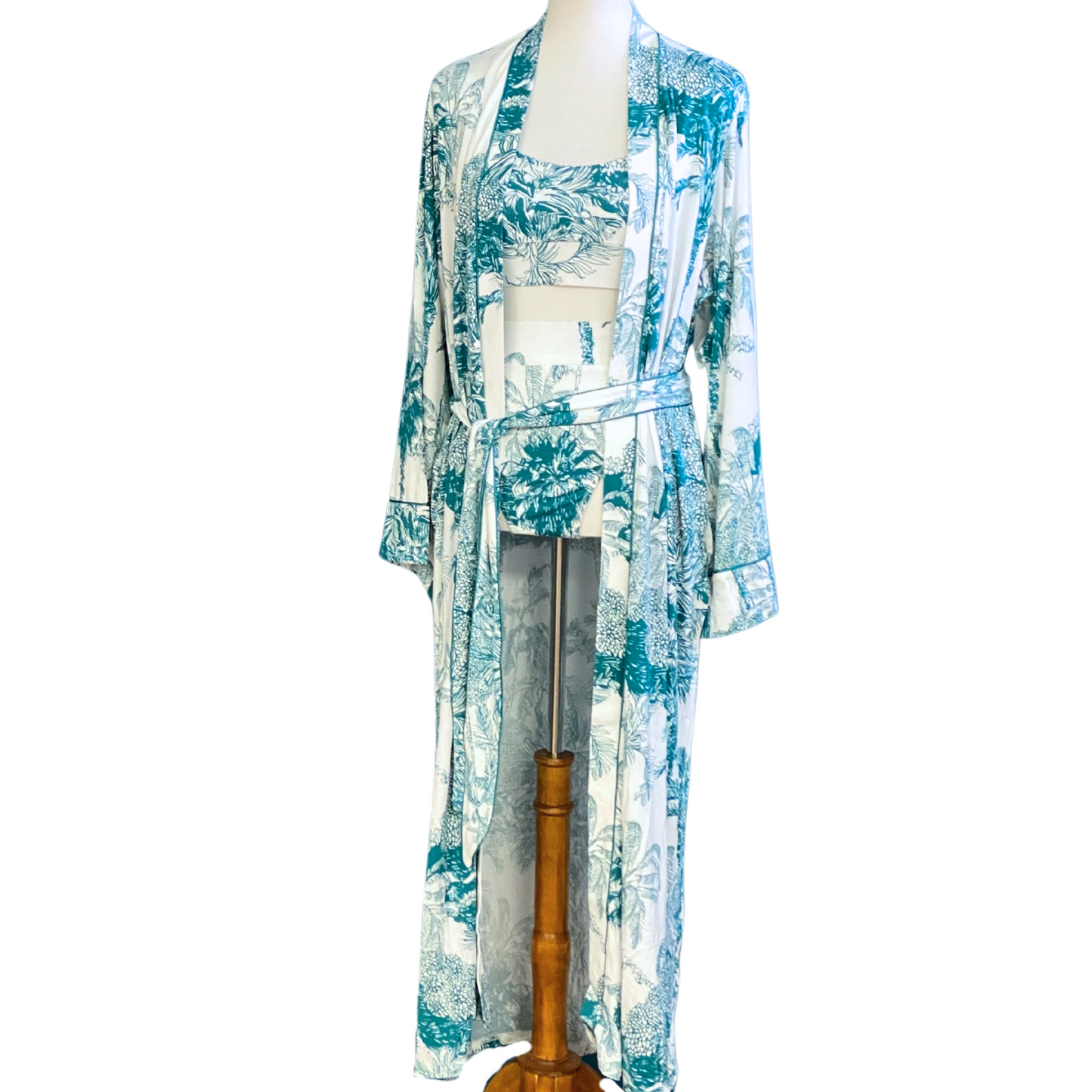 Bamboo bralette, brief, and robe with a teal palm leaf pattern