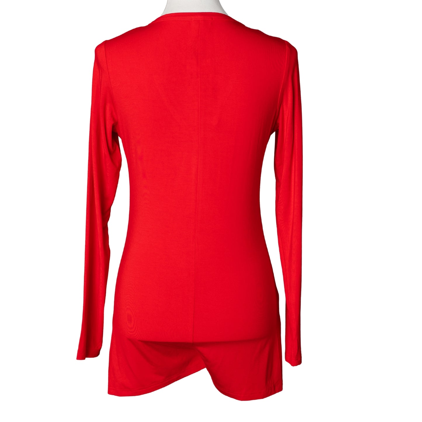 Back view of red modal onesie pajamas