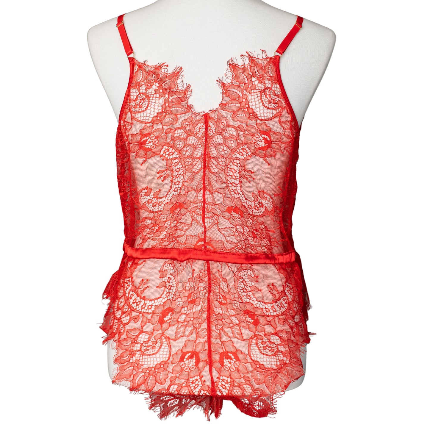 Back view of a red lace teddy