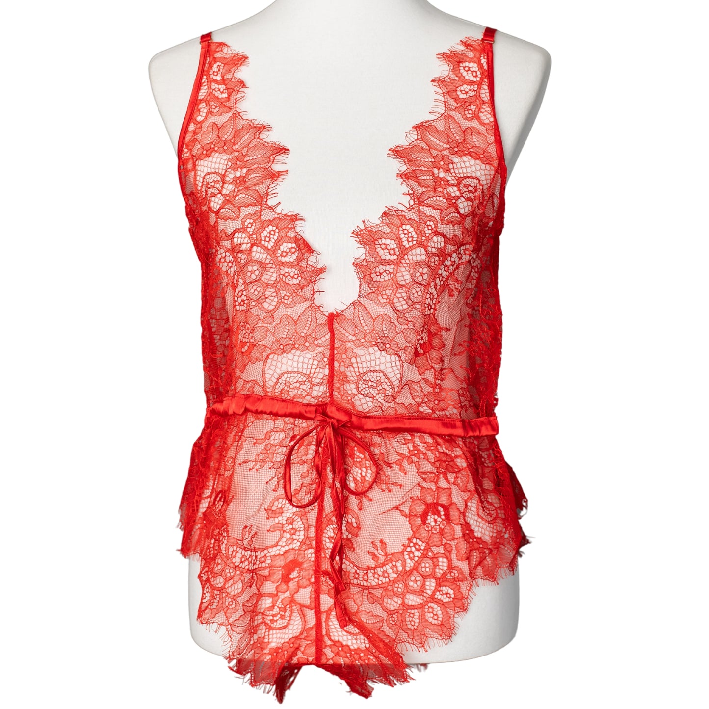 Front view of a red lace teddy