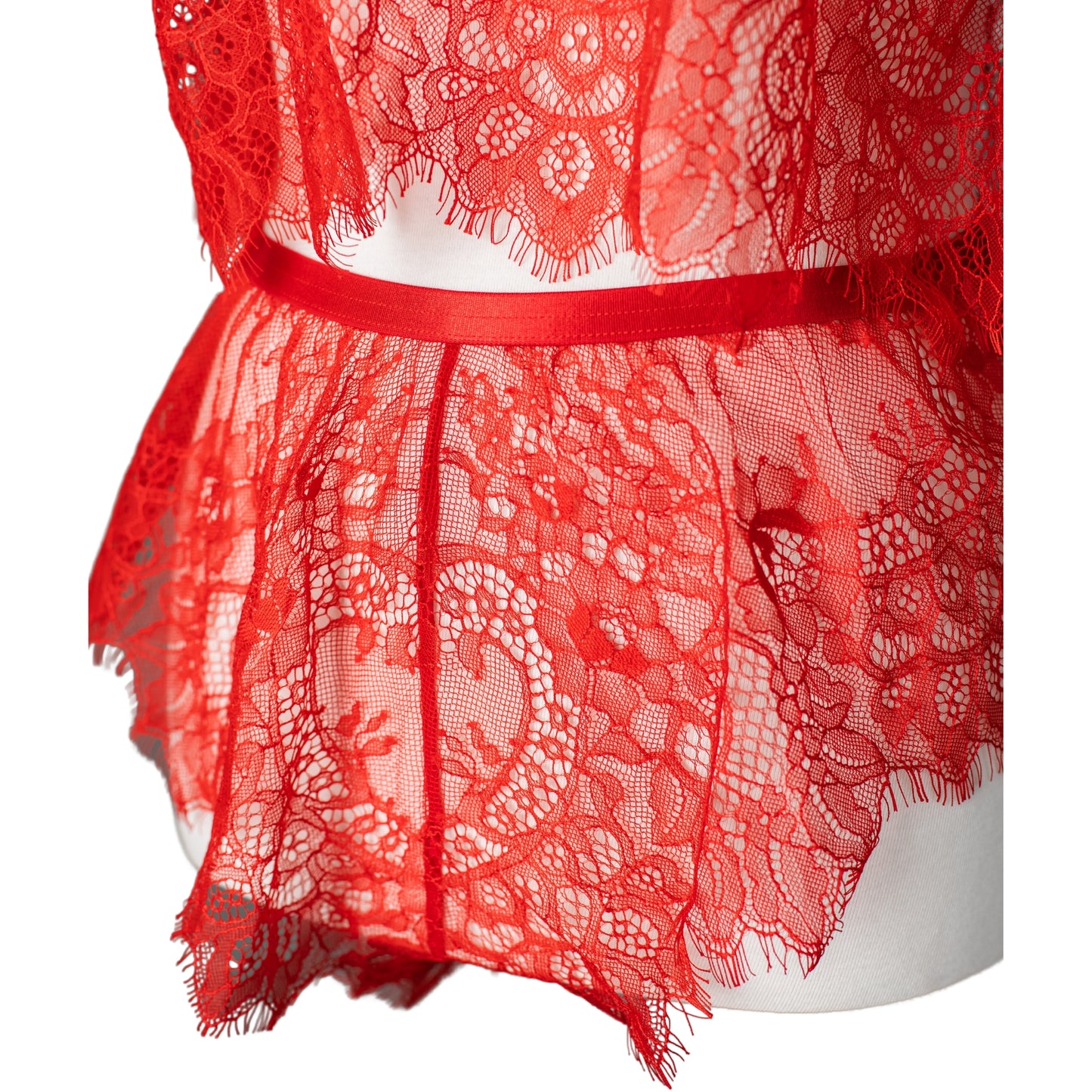 Close-up of red lace French knicker and cami set