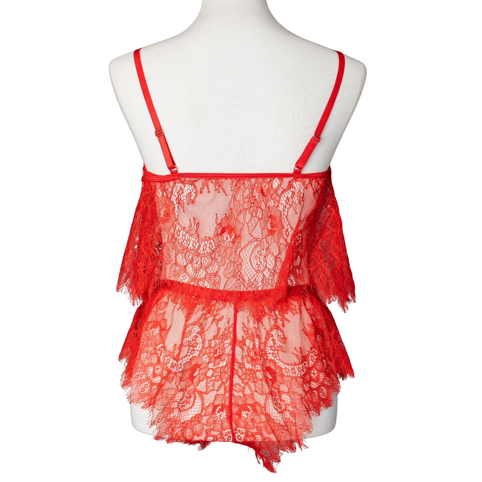 Back view of a red lace camisole and French knicker set