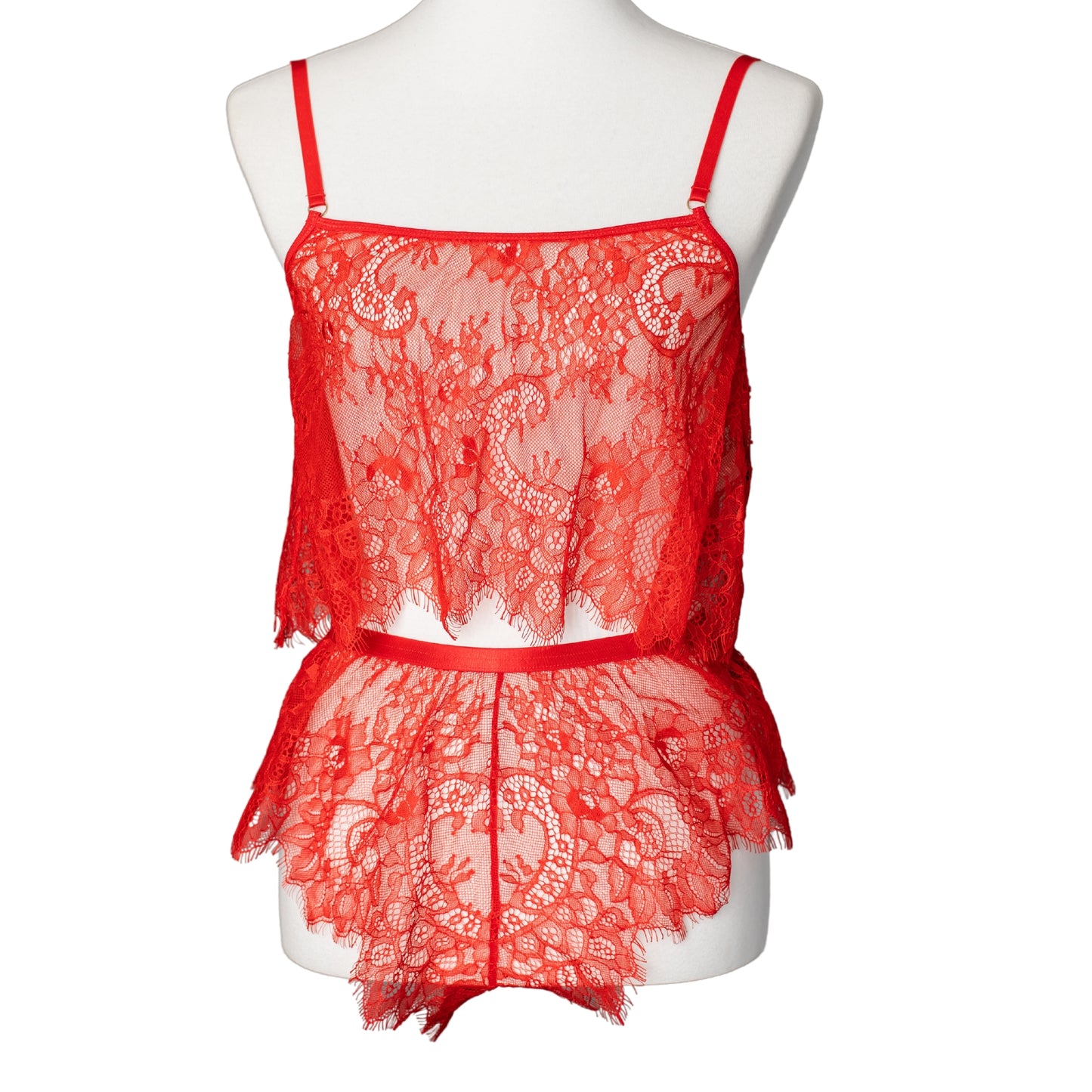 Front view of a red lace French knicker and camisole set