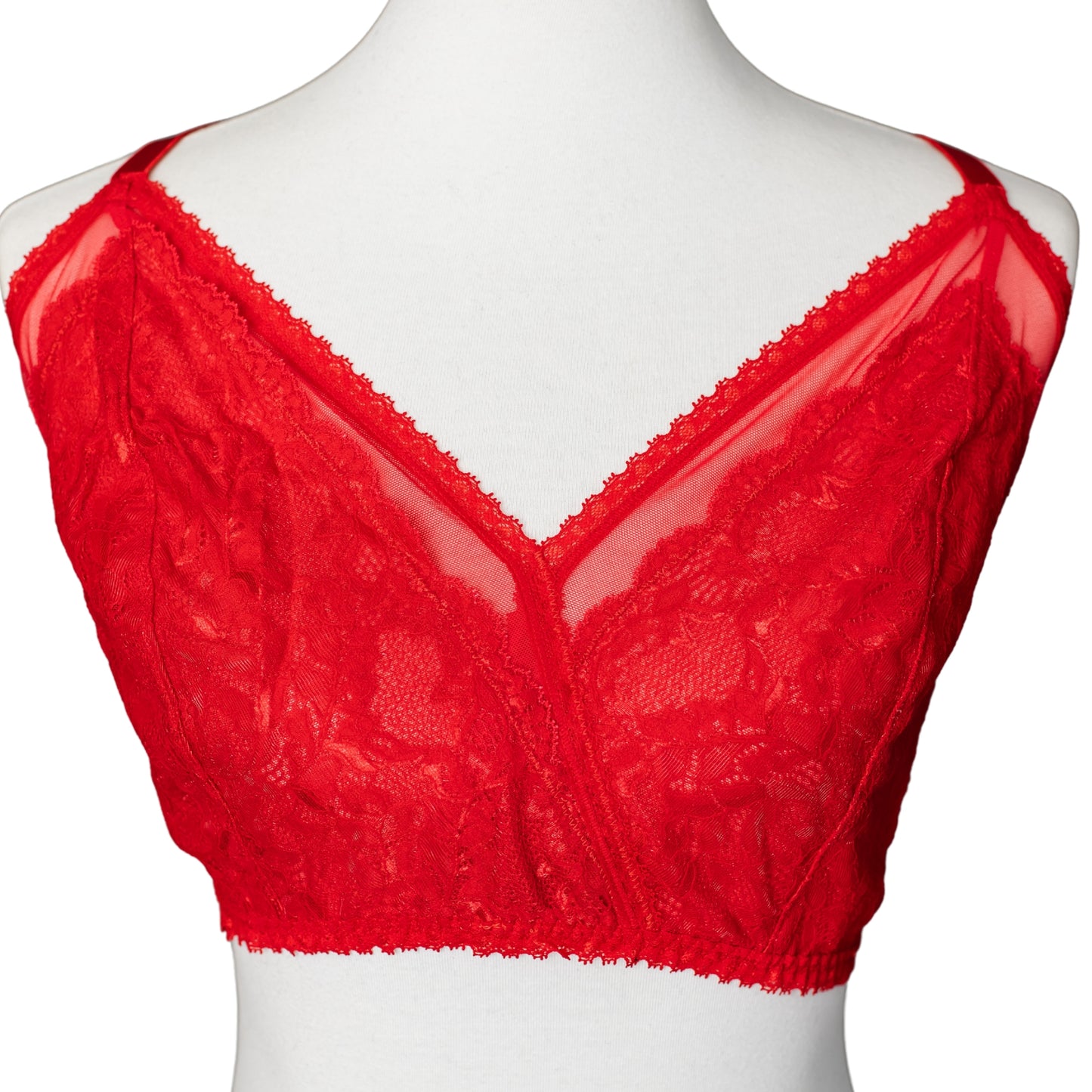 Front of a red lace and mesh racerback bralette