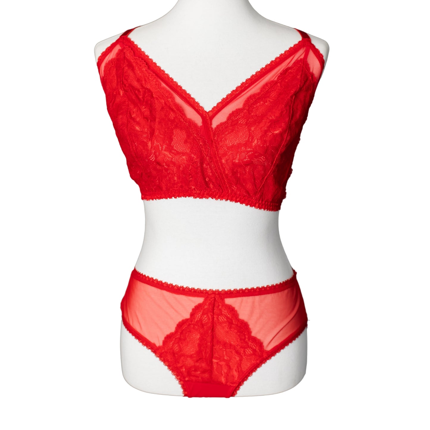 Front of a red lace and mesh bralette and brief set
