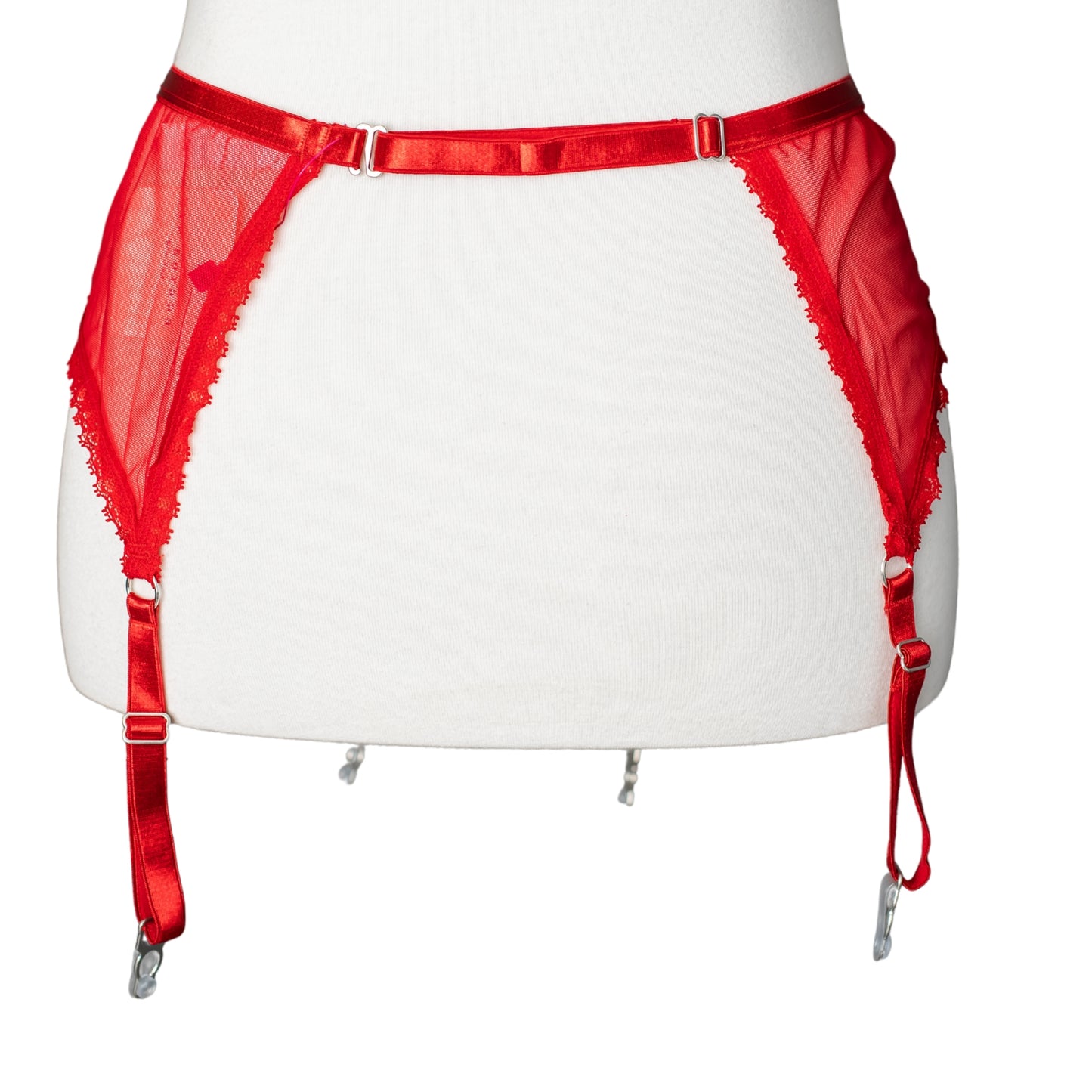 Back of a red mesh and lace garter belt