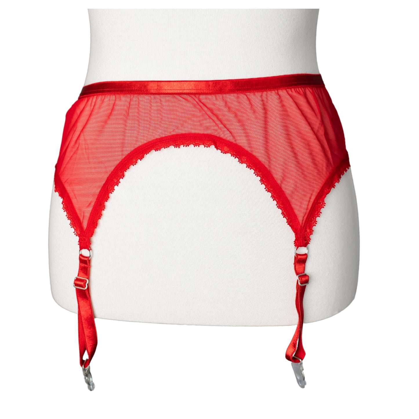 Front of a red lace and mesh garter belt
