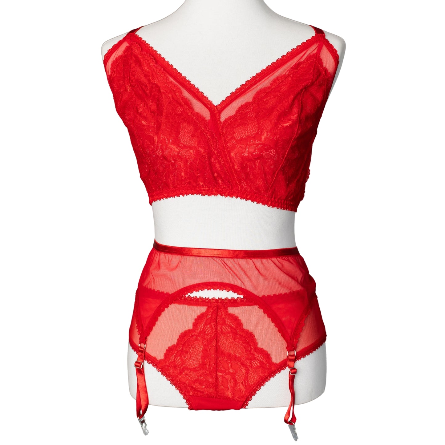 Red mesh and lace bra and panty set with a matching garter belt