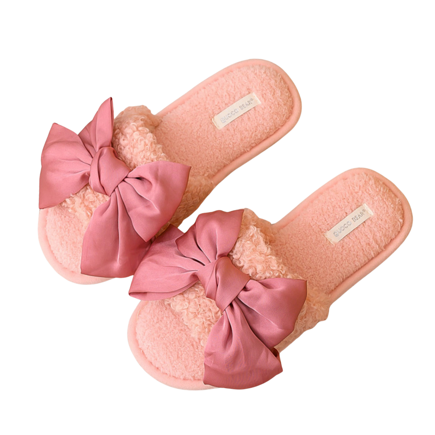 Rose pink fuzzy open-toed slippers with a satin bow on the top