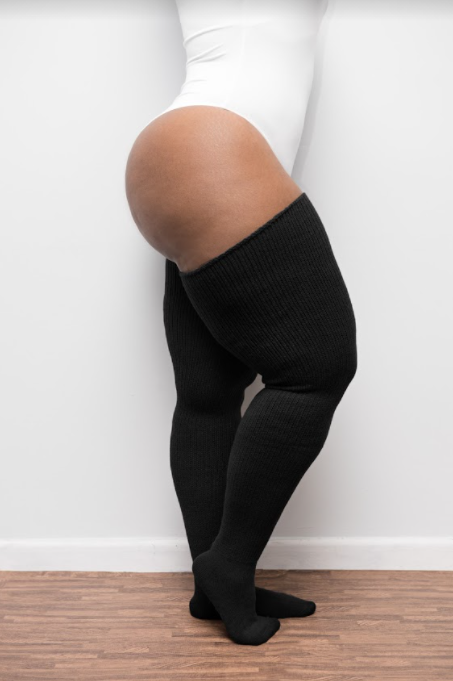 Plus-size black knit thigh-high socks
