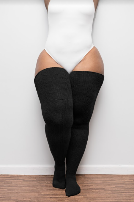 Plus-size black knit thigh-high socks