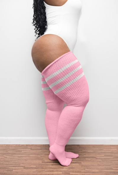 Plus-size pink knit thigh-high socks with 3 white stripes
