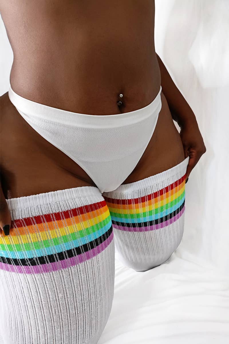 Plus Size Thigh High Tube Socks - Rainbow Stripes