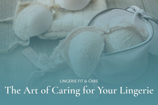 Lingerie Fit & Care Blog title of The Art of Caring for Your Lingerie typed below bras with a mesh wash bag 