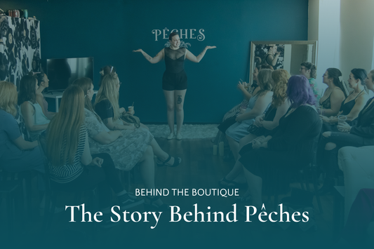 "The Story Behind Pêches" blog title overlayed on a photo of women attending a fashion show for Pêches