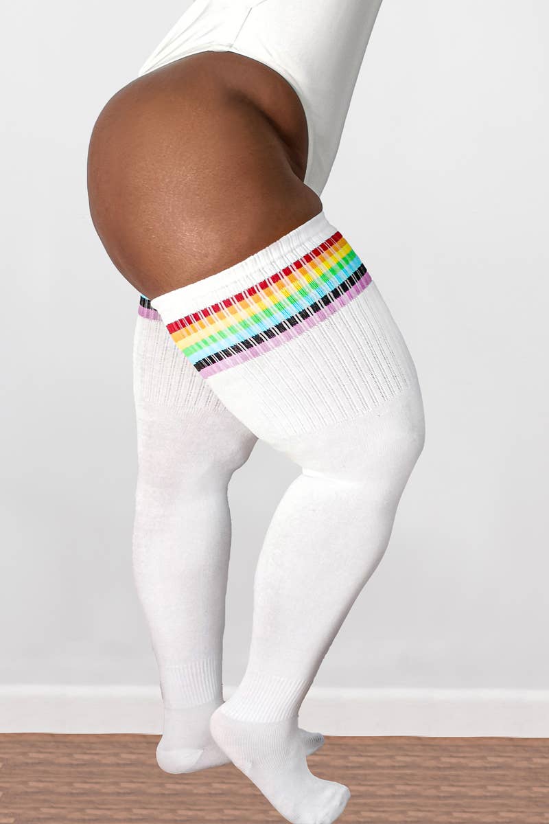 Plus Size Thigh High Tube Socks - Rainbow Stripes
