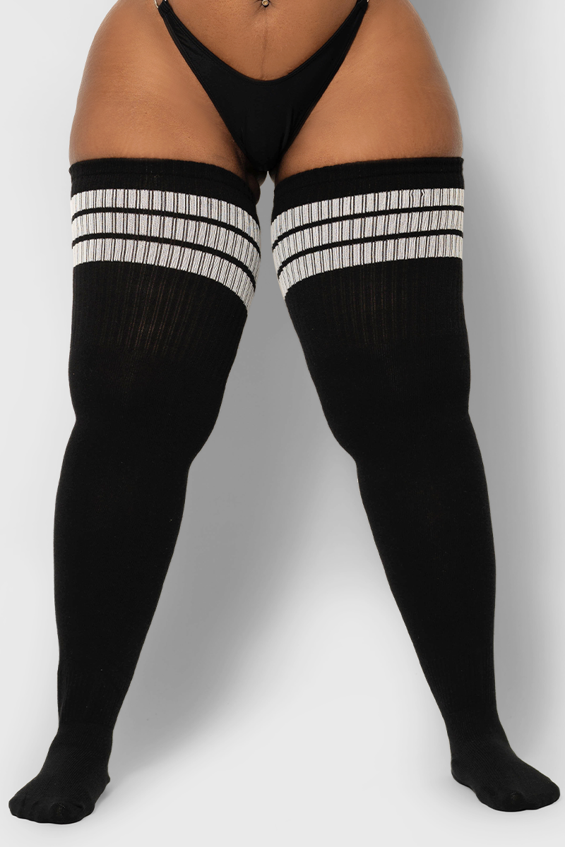 Plus Size Thigh High Tube Socks - Black & White Stripes