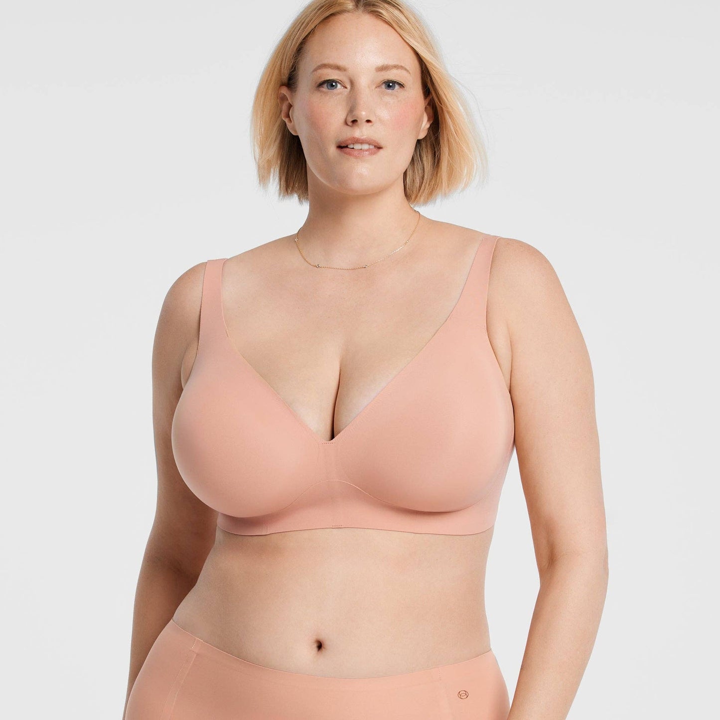 Starlette Plunge Bra showing deep plunge neckline and seamless construction in color Himalayan Salt