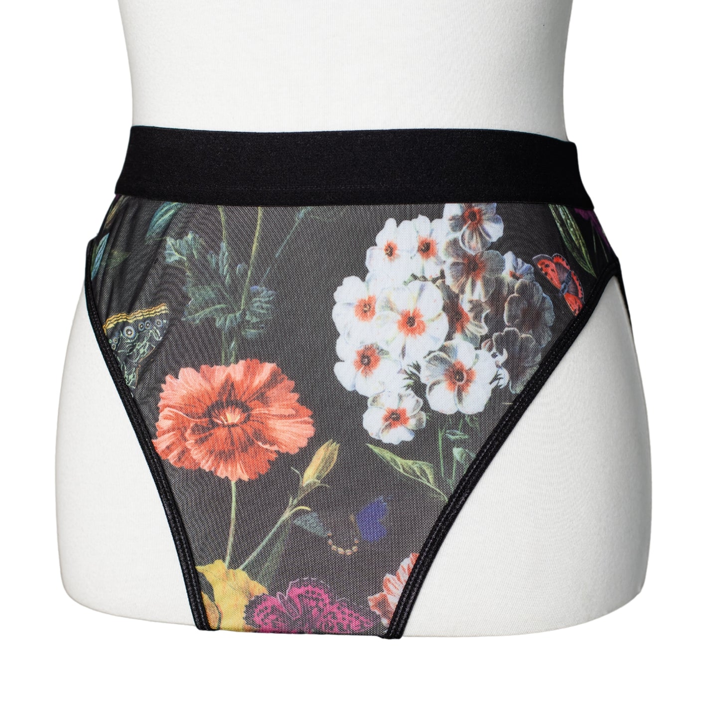 Black floral mesh high-waisted brief panty with high-cut legs