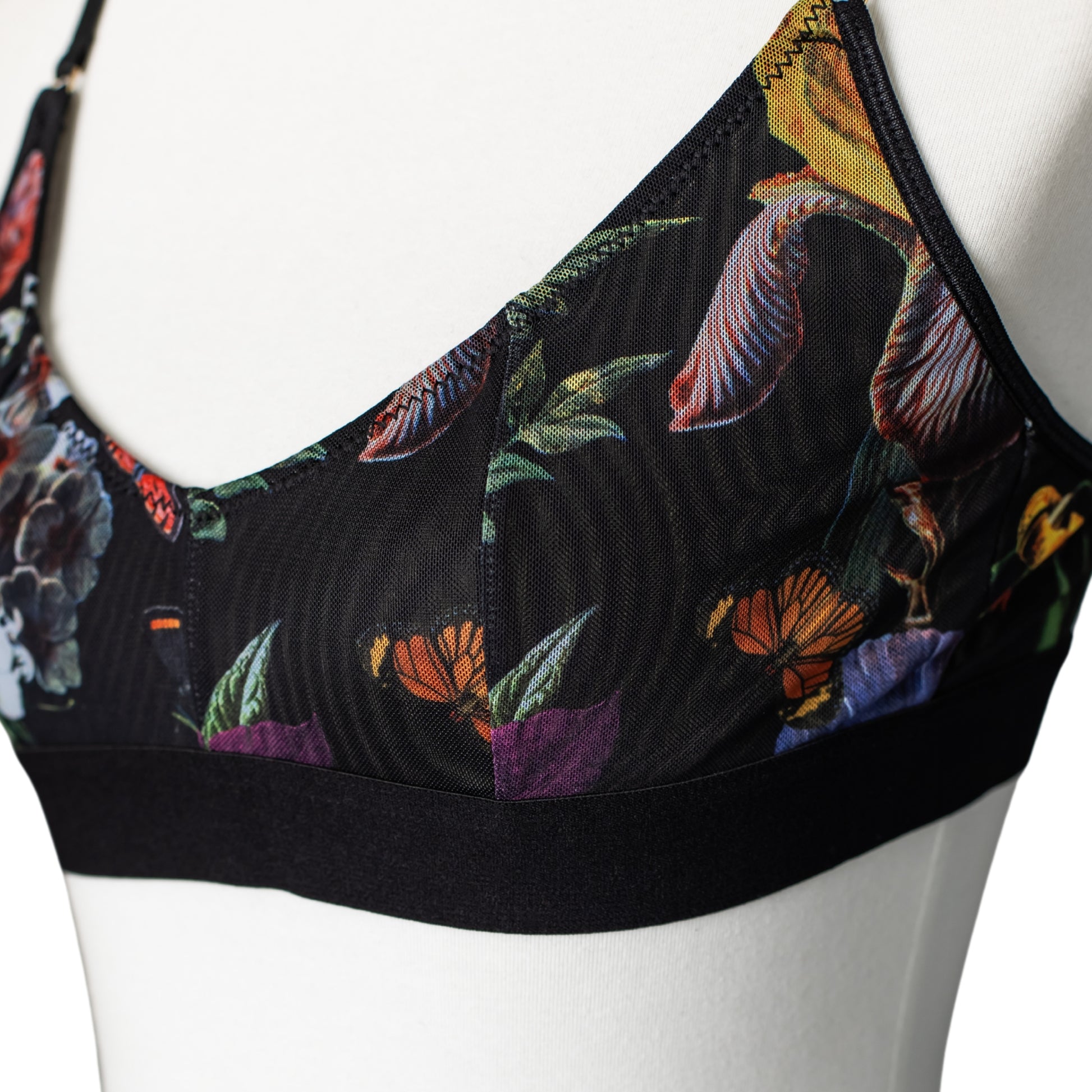 Close-up of floral mesh bralette