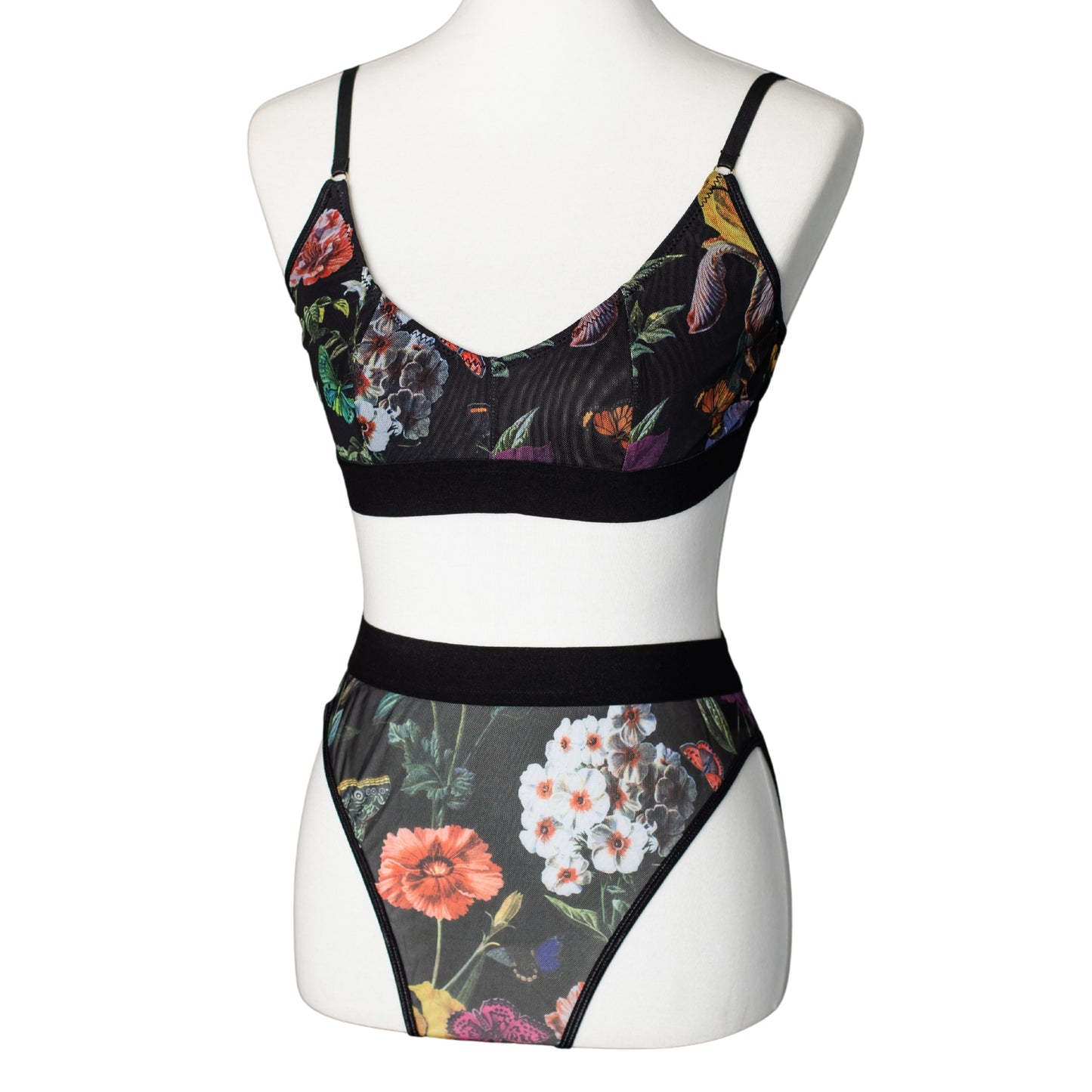 Black floral mesh  bra and high-waisted brief panty with high-cut legs