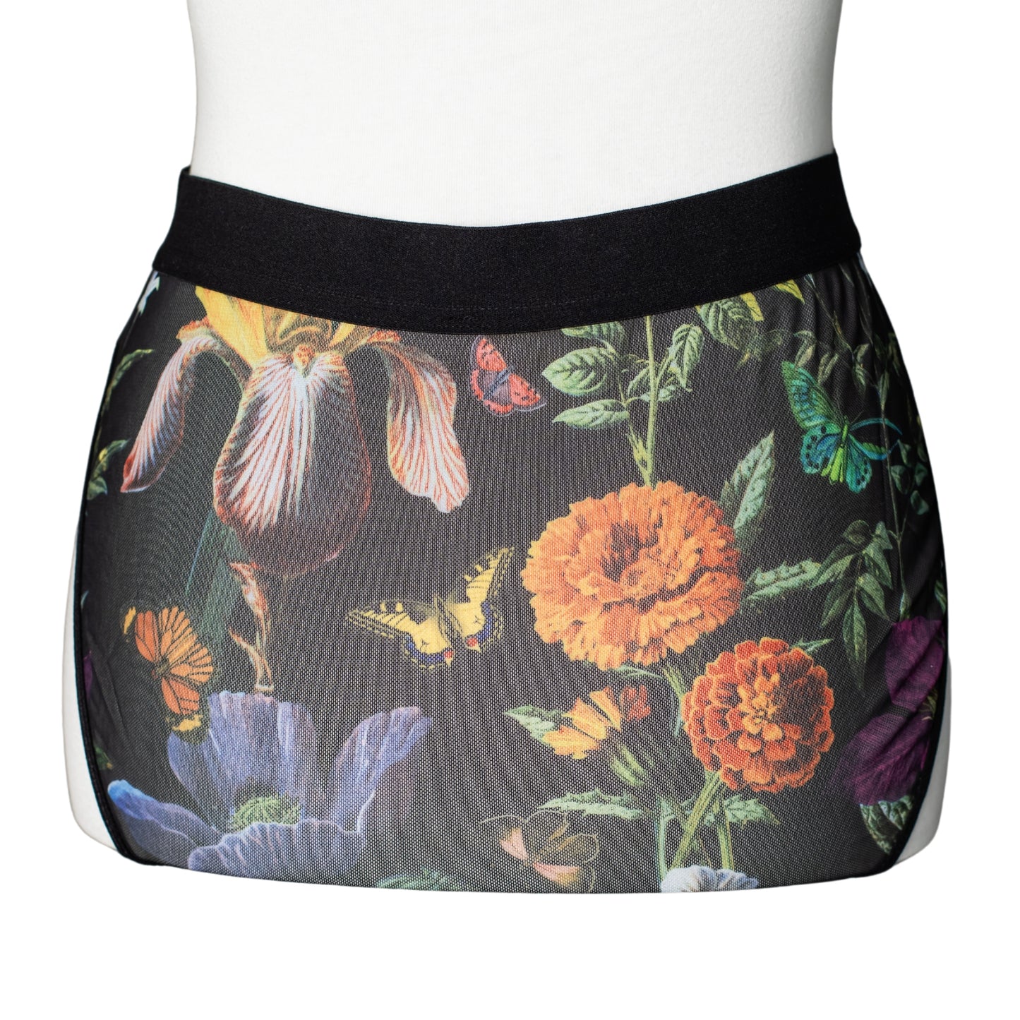 Back view of black floral mesh high-waisted brief panty
