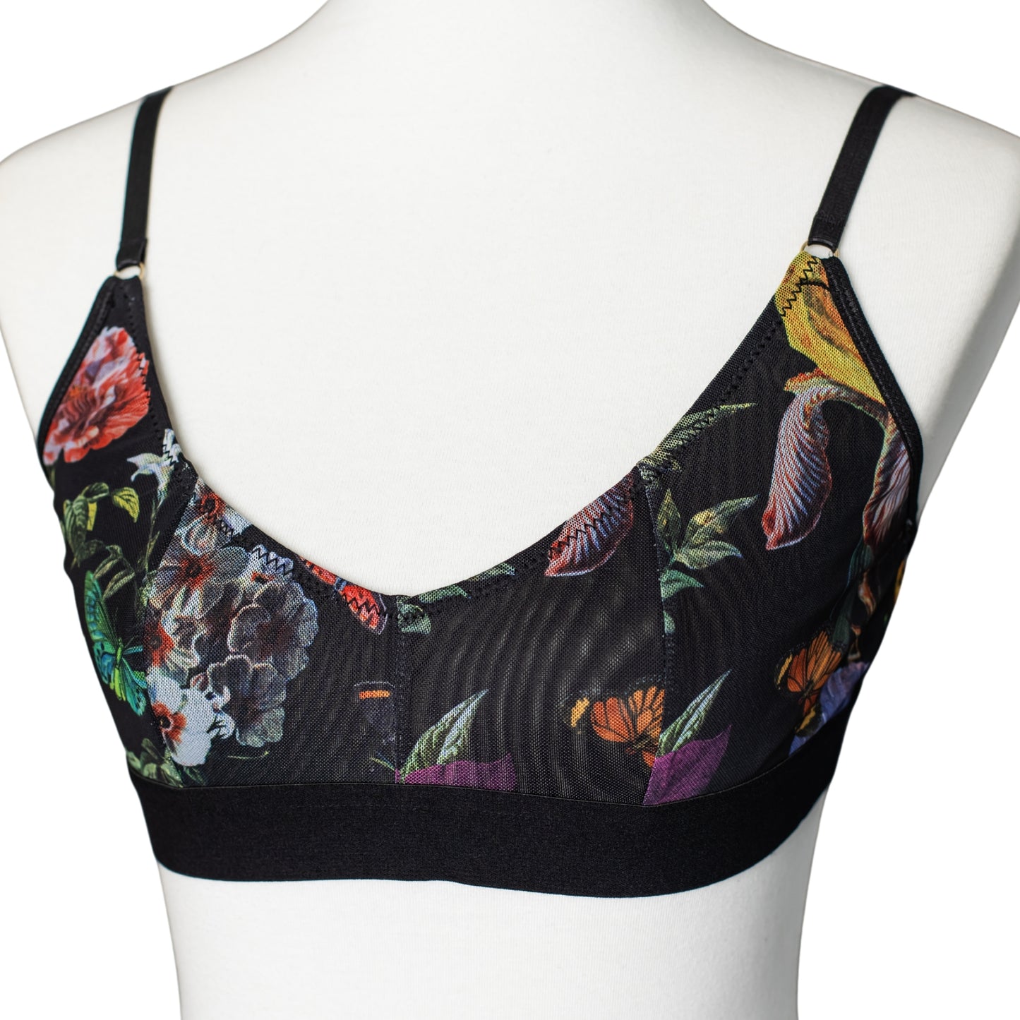 Black mesh bralette with floral and butterfly print