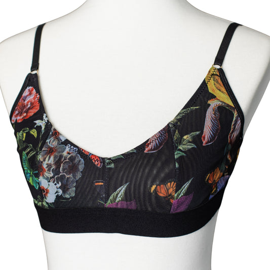 Black mesh bralette with floral and butterfly print