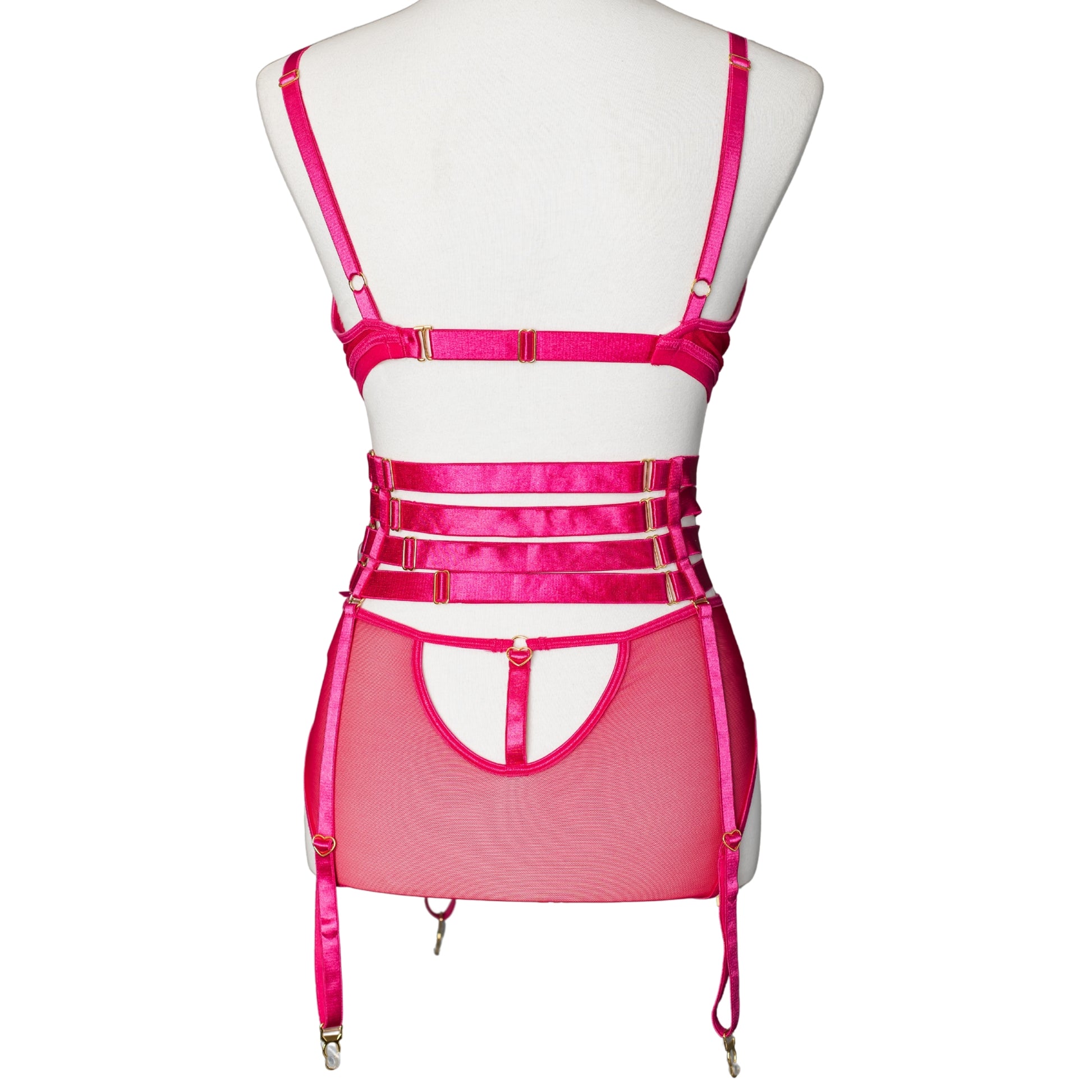 Back view of hot pink lingerie set with a bra, brief, and garter belt