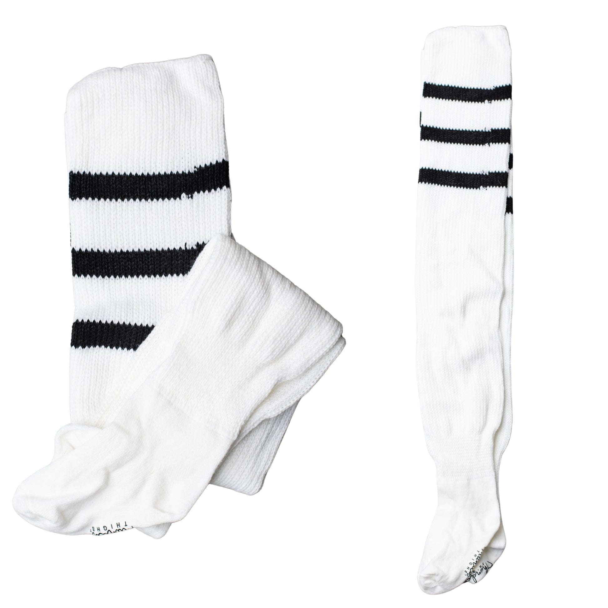 White thigh-high socks with 3 black horizontal stripes
