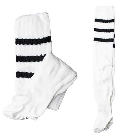 White thigh-high socks with 3 black horizontal stripes