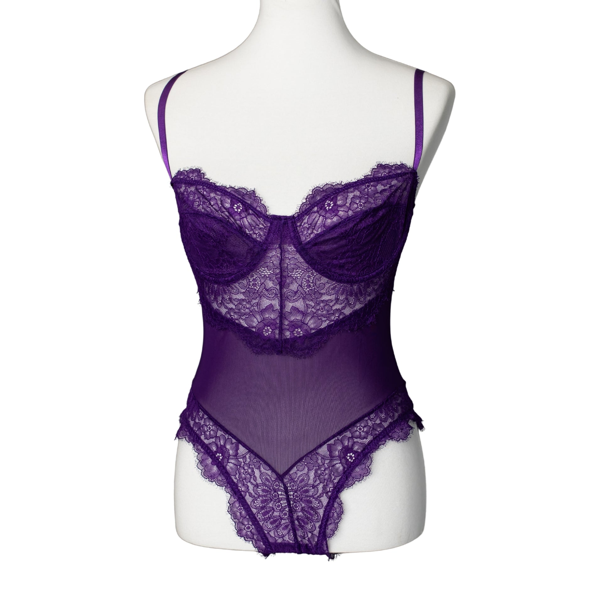 Kilo Brava violet lace underwire bodysuit, front view showing high leg silhouette