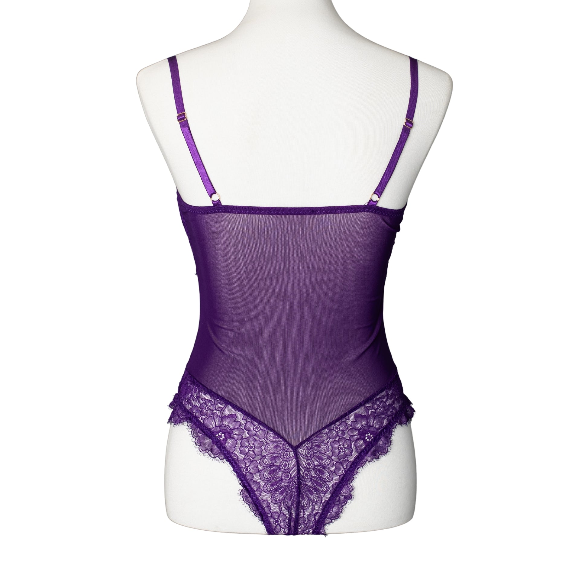 Back of purple lace and mesh thong bodysuit