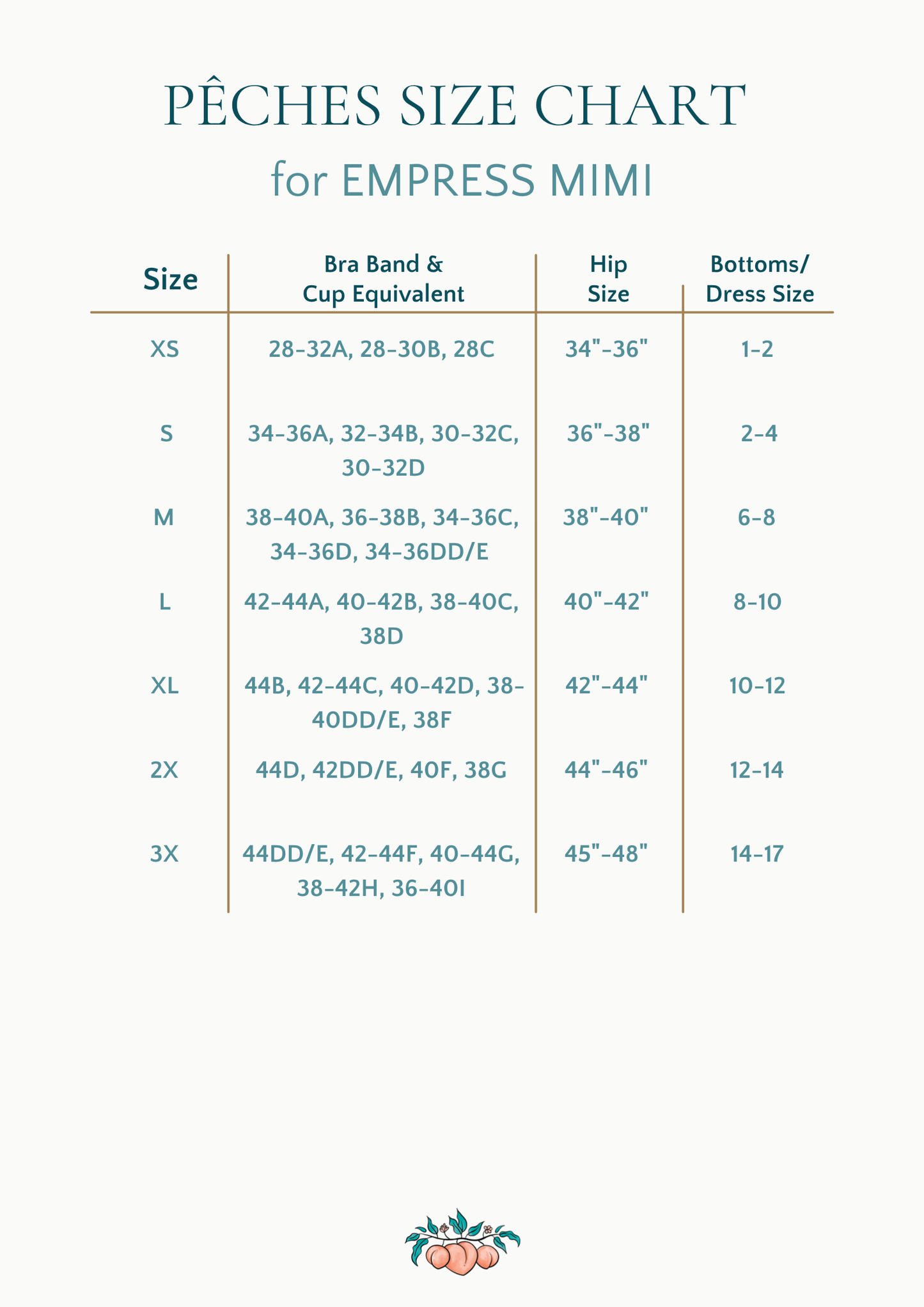 Size chart for lingerie from Empress Mimi