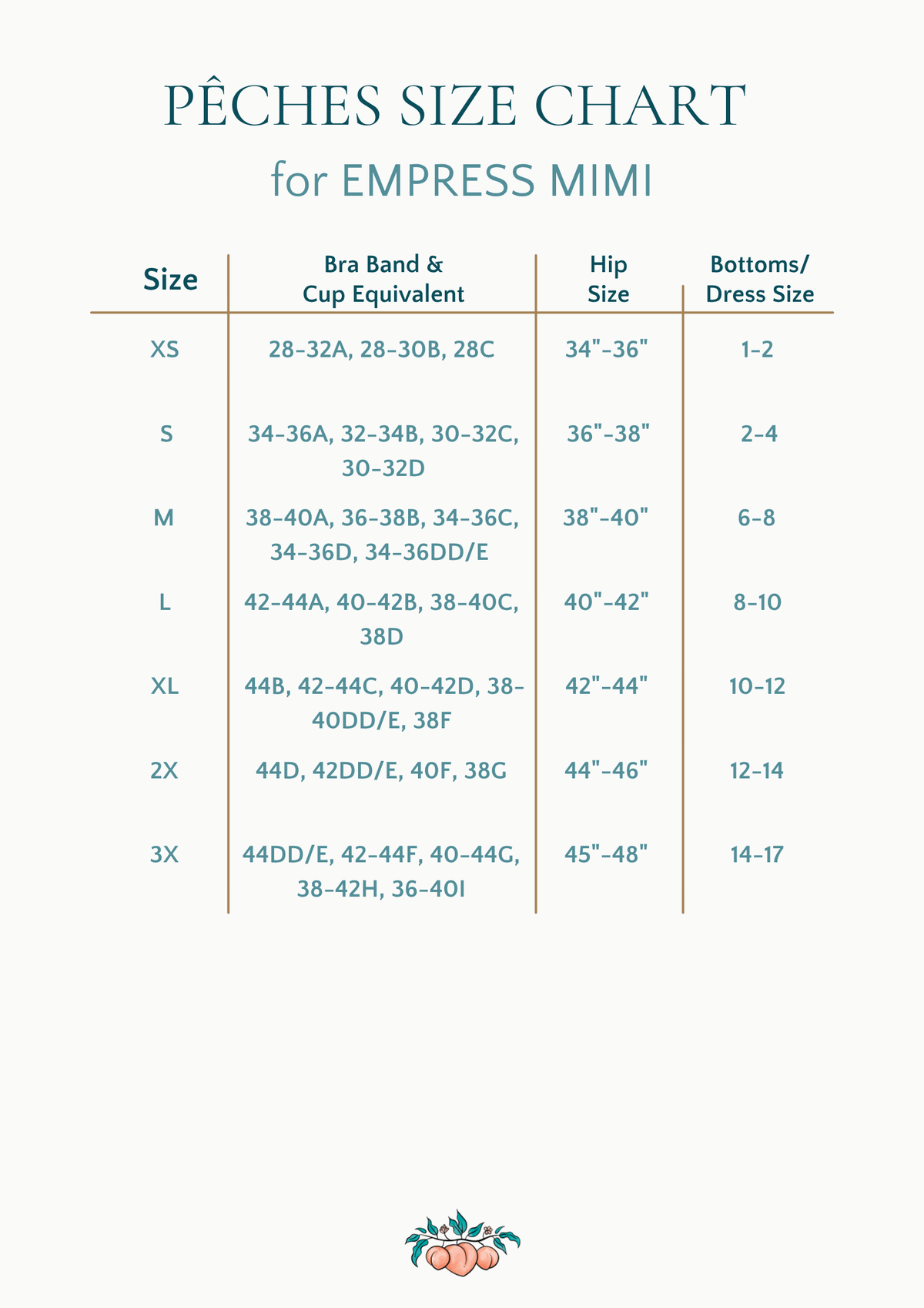 Size chart for lingerie from Empress Mimi