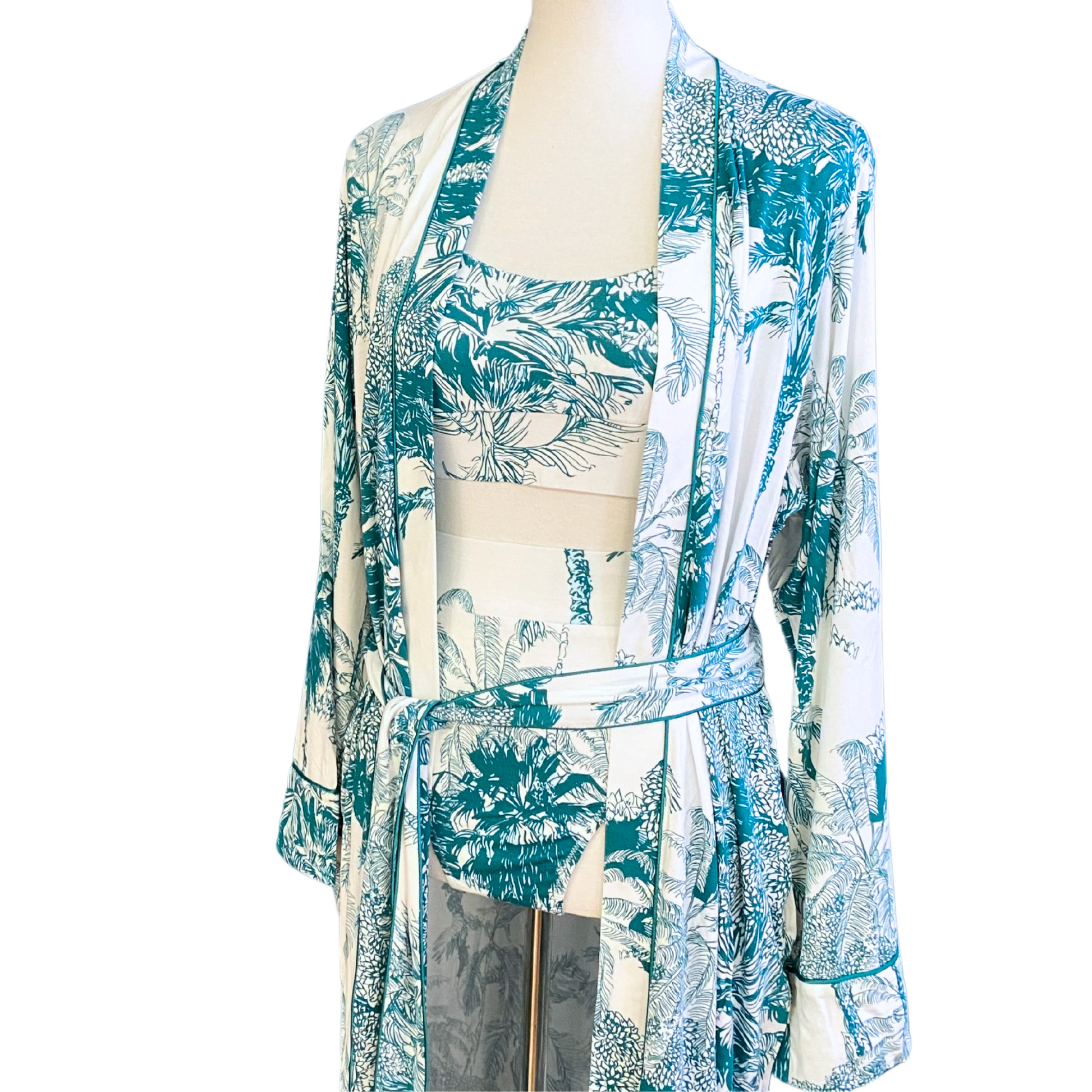 Bamboo bralette, brief, and robe with a teal palm leaf pattern
