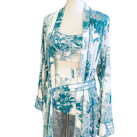 Bamboo bralette, brief, and robe with a teal palm leaf pattern