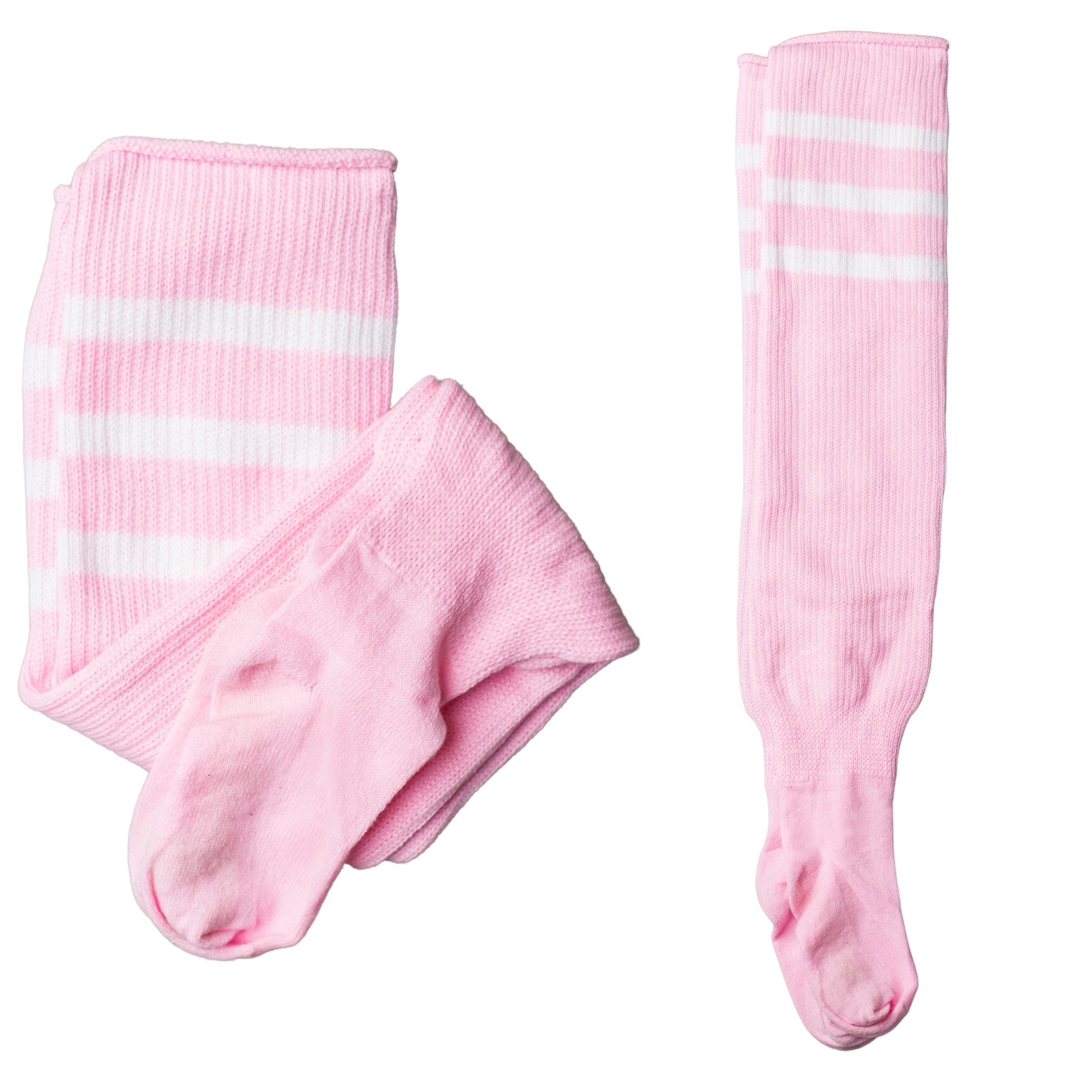 Pink thigh-high socks with 3 white stripes