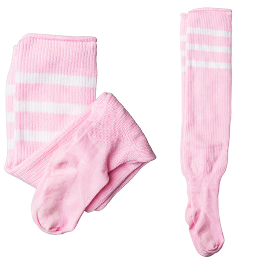 Pink thigh-high socks with 3 white stripes