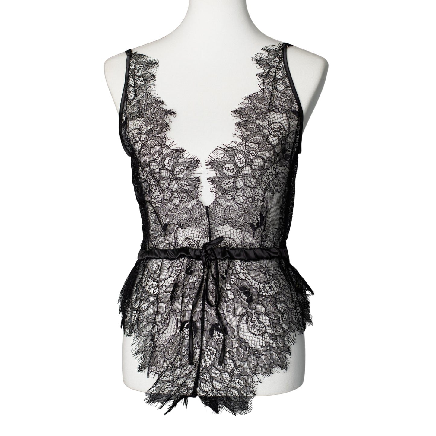 Front view of black lace teddy with a ribbon-tie waist