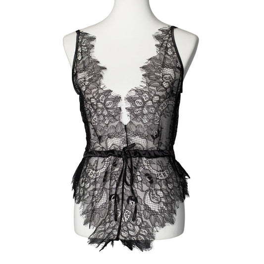 Front view of black lace teddy with a ribbon-tie waist