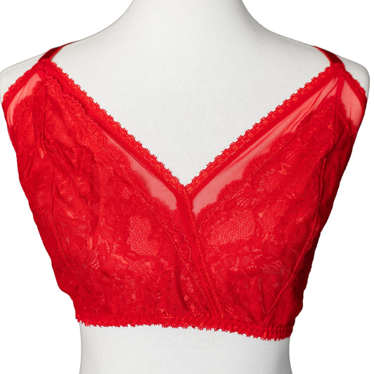 Front of a red lace and mesh racerback bralette